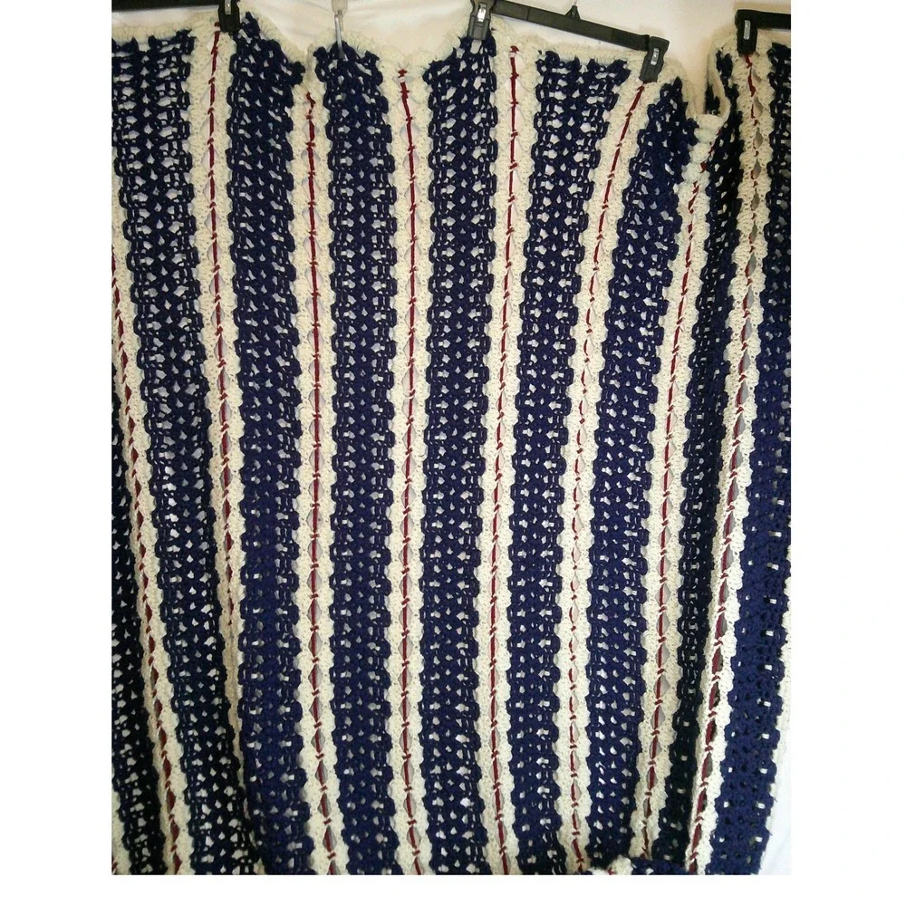 Vintage Handmade Crochet Blanket Patriotic Red White Blue Large Queen Size 96x88